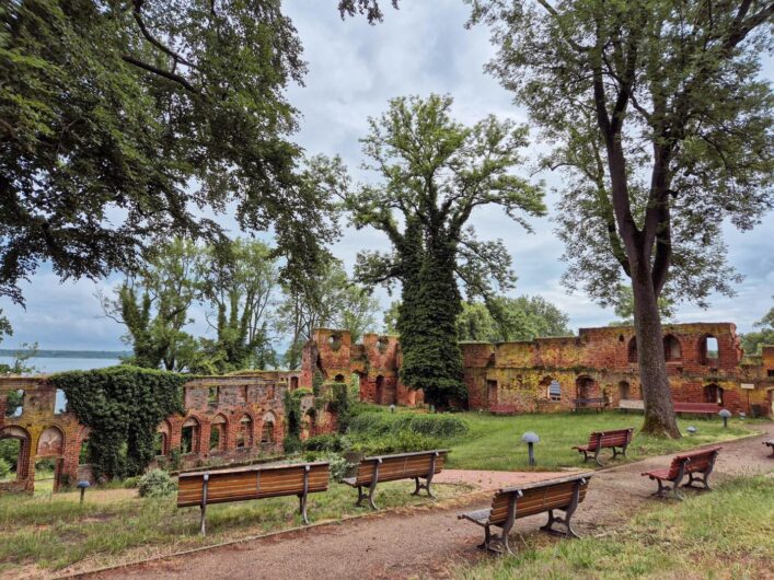 Bänke im Hof der Klosterruine und Blick auf den Arendsee