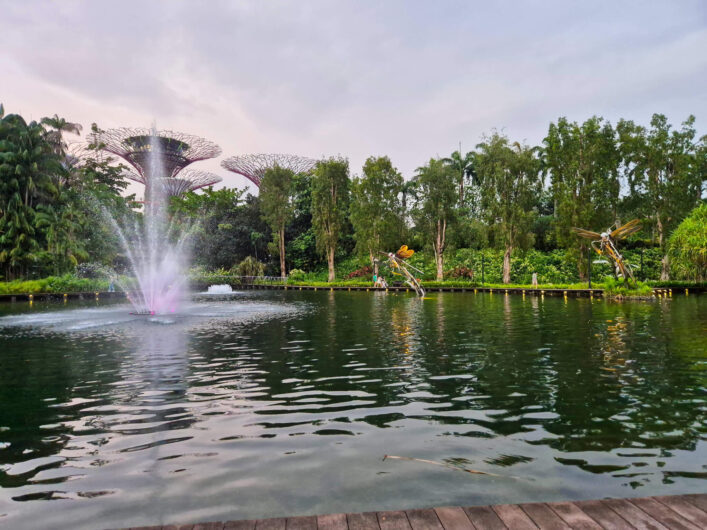 Fontäne in den Gardens by the Bay mit Blick auf die Supertrees