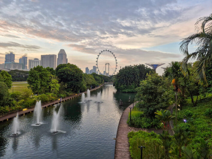 Blick aus den Gardens by the Bay auf die Skyline mit Singapore Flyer