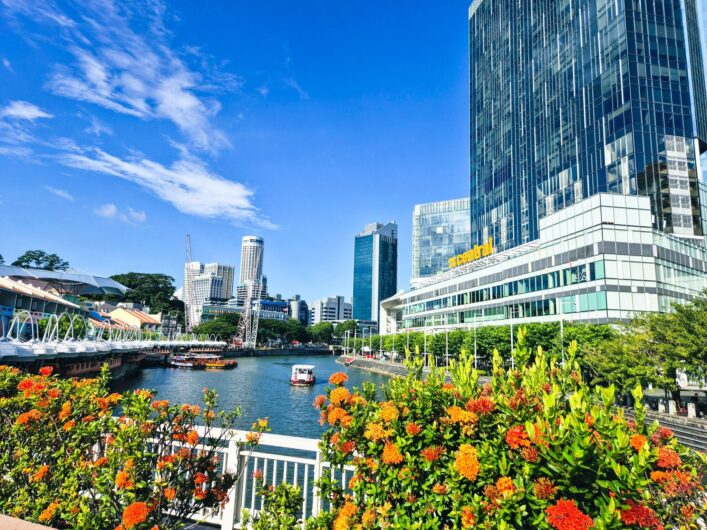 Blick über die Skyline am Singpore River mit Blumen im Vordergrund